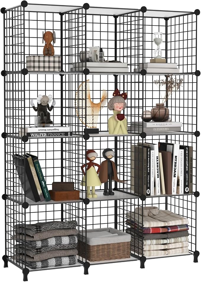 AWTATOS Wire 12 Cube Storage Organizer, Closet Storage Shelves Stackable | Metal Cube Storage Bookshelf, DIY Portable Closet Clothes Organizer, Wire Shelving for Bedroom, Home, Office Black