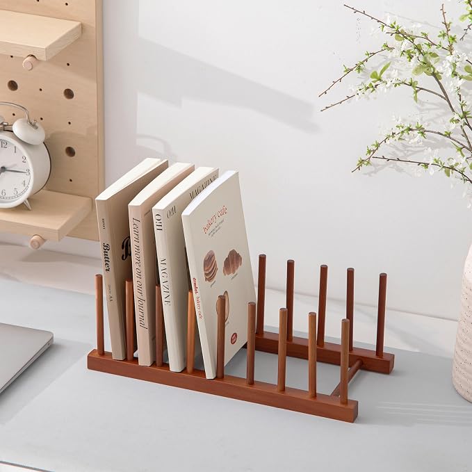 HBlife 4 Packs Teak Wooden Dish Drying Rack Kitchen Storage Plate Organizer | 8 Slots, Vertical Dish Racks for Cabinet Countertop & Wall, Plate Pot Lid Cutting Board Holder, Bowl Cup Drainer, Keep Dry