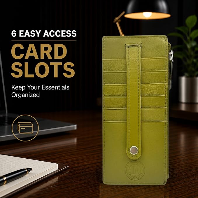 Leatherboss Genuine Leather Women's All in One Credit Business Card Case Holder Slim Zipper Wallet With a Card Protection Strap, Army Green