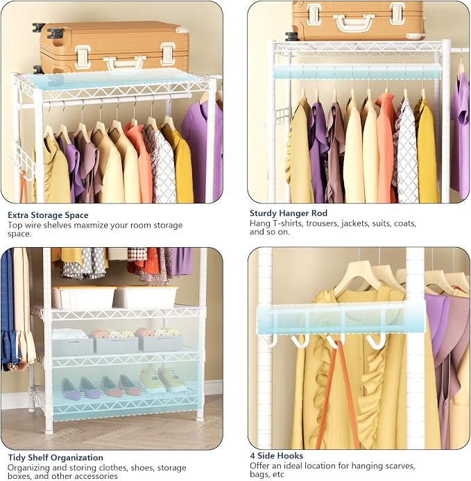 Heavy Duty Clothing Rack with Adjustable Shelves Clothes Wardrobe | Coat Rack Metal Closet Organizer and Storage Garment Rack for Hanging Clothes Wire Portable Cloth System Free Standing White
