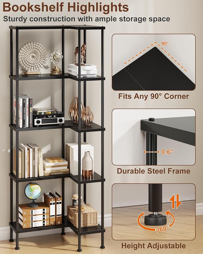 HIGDBFE 5-Tier L-Shaped Corner Bookshelf, 60" Tall Modern Corner Shelf | L-Shape Corner Fits Living Room, Bedroom, or Home Office Corners, 5 Open Shelves, Display Rack for Books, Plants, and More