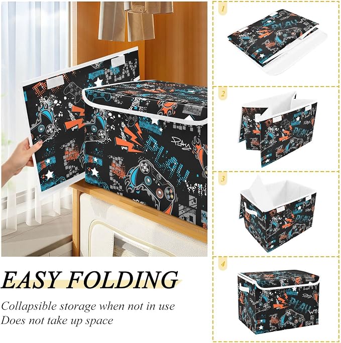 CaTaKu Large Fabric Storage Bins With Lids, Cute Gamer Black Storage Boxes With Handles for Organizing Clothes, Collapsible Storage Cube Bins Baskets for Shelves