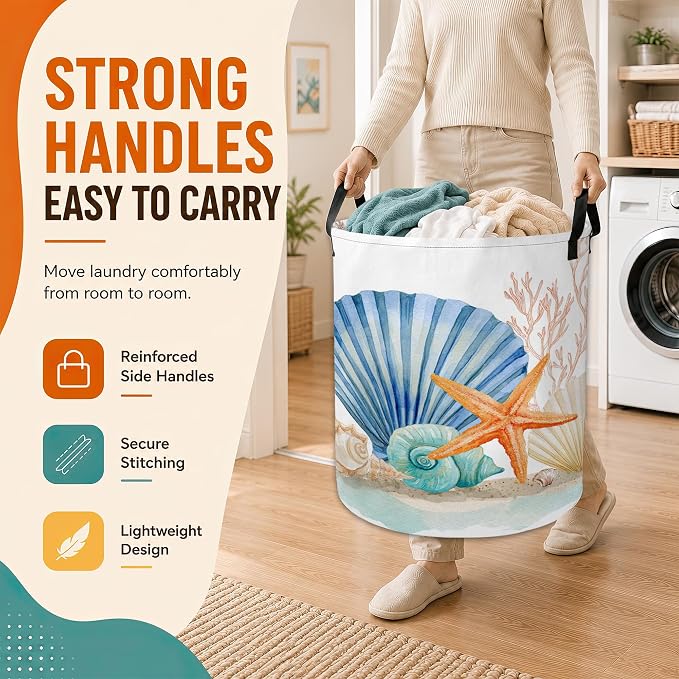 Starfish Laundry Basket,Coral Seashells Large Collapsible Portable Round Laundry Hamper with Handles,Oxford Storage Bin for Clothes,Blankets,Bedroom,Bathroom
