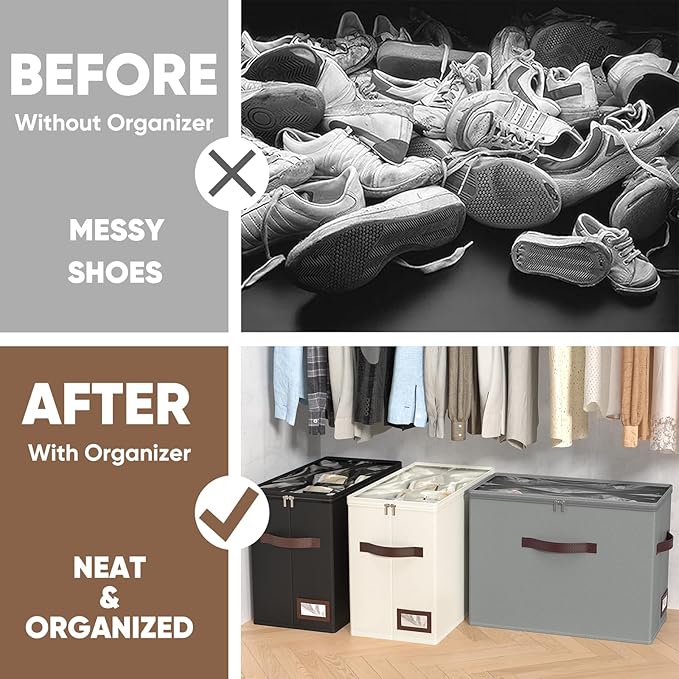 OIAHOMY 2 Pack Shoe Organizer for Closet, Foldable Shoe Storage Bins with Adjustable Dividers, Stackable Oxford Cloth Sneaker Boxes for Entryway Bedroom, Fits Up to 16 Pairs, Grey