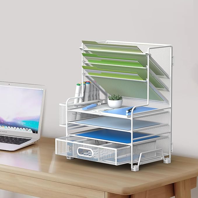 MINDEPOT 4-Tier Paper Organizer + 3-Pocket File Holder + Drawer + Pen Holders, Desktop File Organizers Paper Tray for Office Supplies School Classroom Organization (White, with Drawer & Pen Holder)