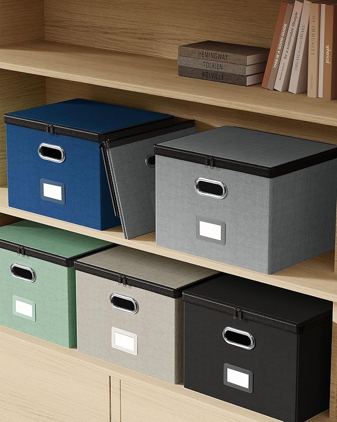 Oterri File Organizer Boxes with Lids, File Box with Mesh Pockets, Document Organizer Box for Letter Size Folders, Zippers Important Document Organizer (Dark Blue, Large-2 Pack Without Folders)