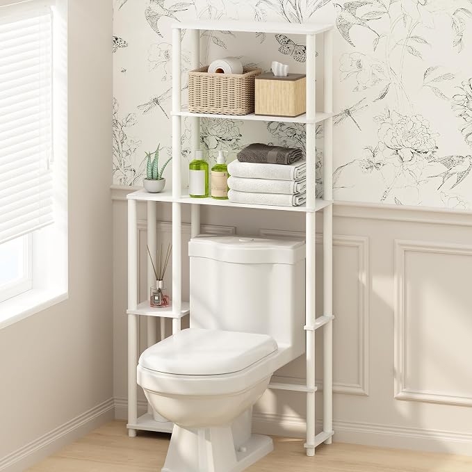 Furinno Turn-N-Tube Over The Toilet Storage, 5-Shelf Over The Toilet Organizer, Freestanding Space Saver Bathroom Shelf, for Bathroom Organizers and Storage, Plain White