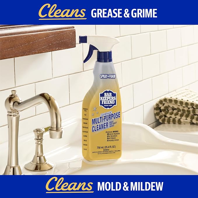 Bar Keepers Friend MORE Spray + Foam Multipurpose Cleaner, 25.4 oz x 2, Surface Cleaner Removes Rust Stains, Mineral Deposits, Soap Scum, Grime & Tarnish