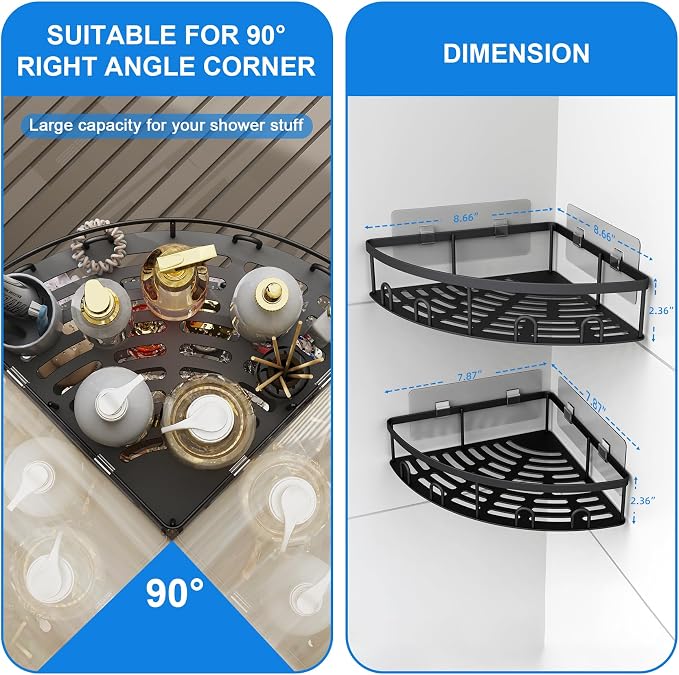 Corner Shower Caddy,Black-Stainless Steel,2 Pack | NEVER RUST Bathroom Shower Corner Shelves with Adhesive,Rustproof Shower Organizer,No Drilling