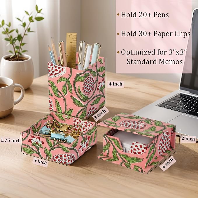 Ridhi Strawberry Pink Block Print Handmade Office Desk Organizer Pen and Sticky Note accessories Holder Cute, Aesthetic, Decor workspace Caddy Gift for Office, Teachers, Professionals, Students