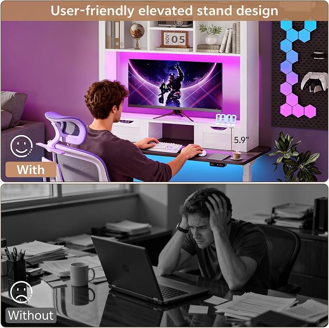 Desk Shelf with Computer Monitor Stand, 37.4''W Desktop Bookshelf Display Rack, Desktop Organizer Storage Rack with Cubbies & Drawers, 5-Tier Hutch for Home, Office, Dorm, Vanity, White&Brown