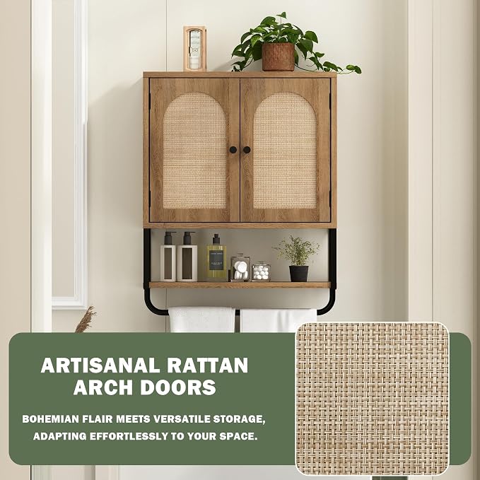 RUSTOWN Rattan Bathroom Wall Cabinet, Boho Over The Toilet Storage Cabinet | Arched Rattan Doors, Modern Medicine Cabinet, Adjustable Shelves, Towel Bar, Rustic Oak