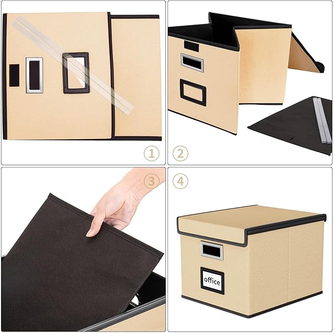 Huolewa File Organizer Box with Lid, Collapsible File Folder Organizer for Office Document Storage, Filing Box with Plastic Slide for Letter Size Hanging File Folders(1 Pack, Brown)