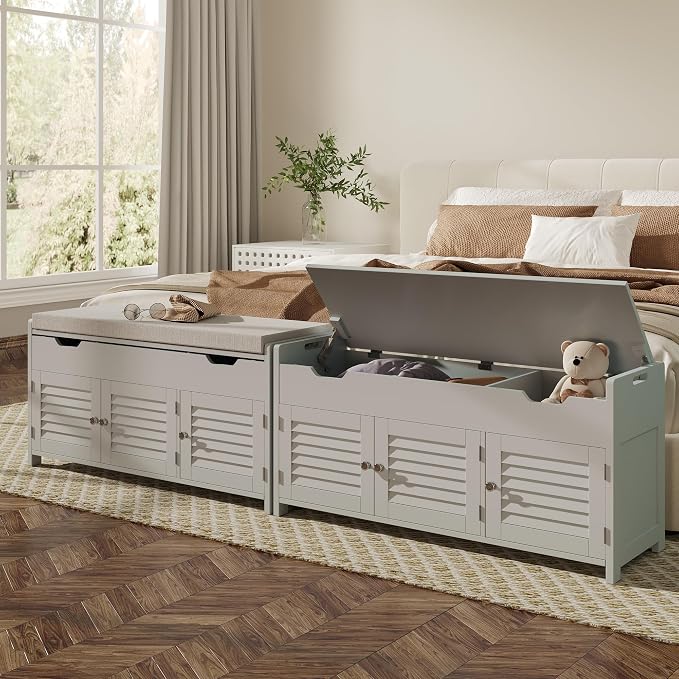 ChooChoo Shoe Storage Bench with Lift Top Storage & Cushioned Seats | 41.3" Entryway Bench with 3 Compartments & Adjustable Shelf, for Entryway, Grey