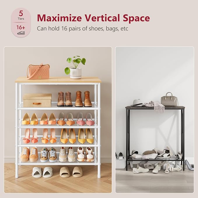 Tajsoon 5 Tier Shoe Rack Organizer for 16-20 Pairs of Shoes, Metal Mesh Shoe Shelf for Closet, Industrial Shoe Rack for Entryway Shoe Storage with X Shape Fixed Frame, White & Log