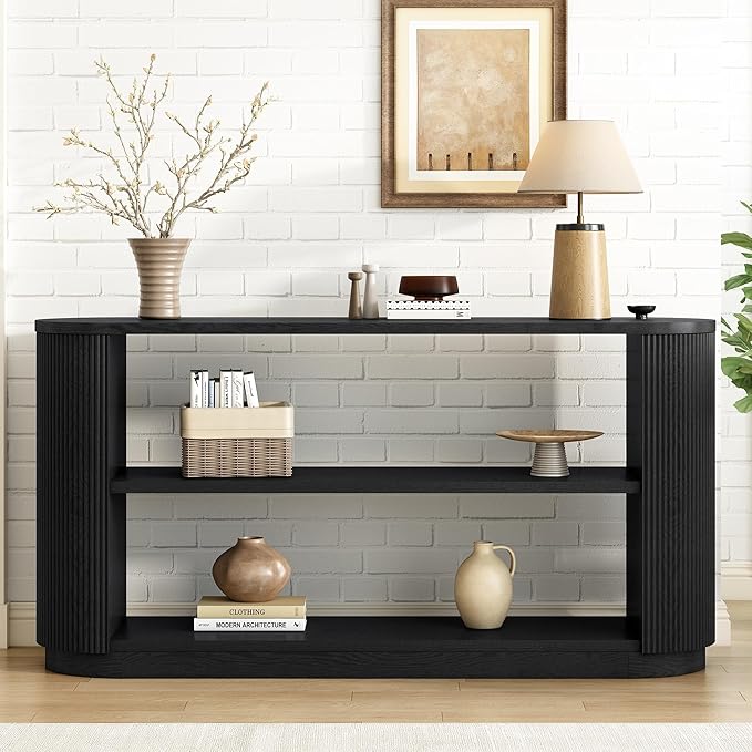 Modern Curved Console Table 59-Inch Oval Fluted Entry Sofa Table with Open Storage Shelves for Living Room Entryway Hallway Furniture, Black