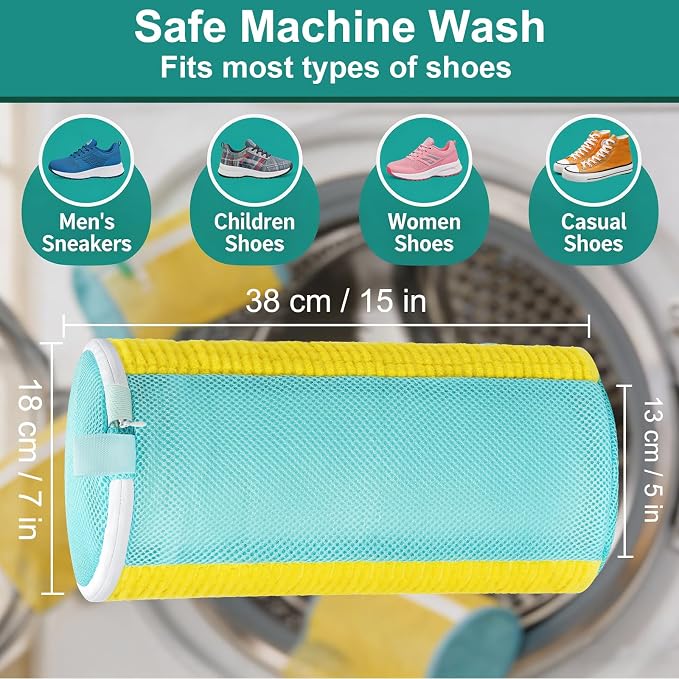 Shoe Washing Machine Bag 2-Pack with Invisible Zipper & Internal Scrubbing Bristles, Reusable Mesh Shoe Laundry Bag for Sneakers, Running & Athletic Shoes, Washer Protector & Noise Reduction