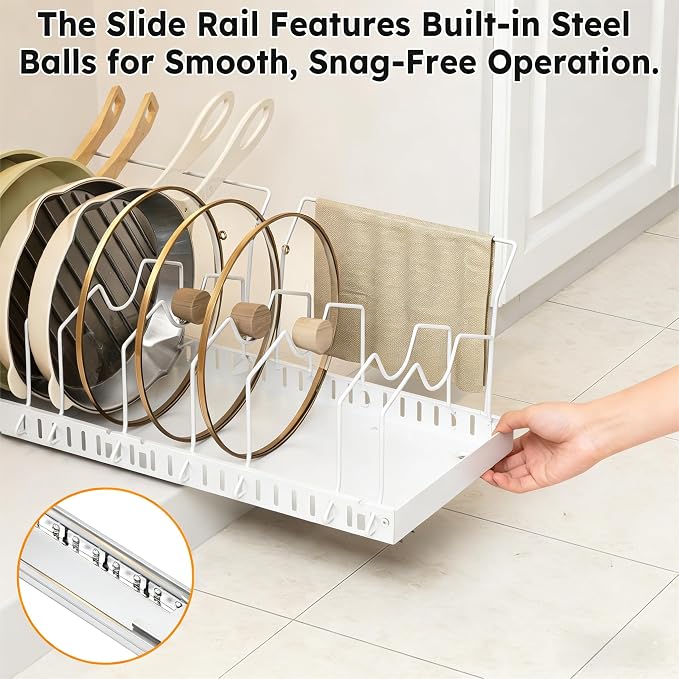 DTUQYX Pots and Pans Organizer Under Cabinet - 2 Pack Pull Out Expandable Pan Organizer Rack with Adjustable 20 Dividers,Cookware Storage Rack for Pots,Pans,Lids,Kitchen Cabinet Space Saving