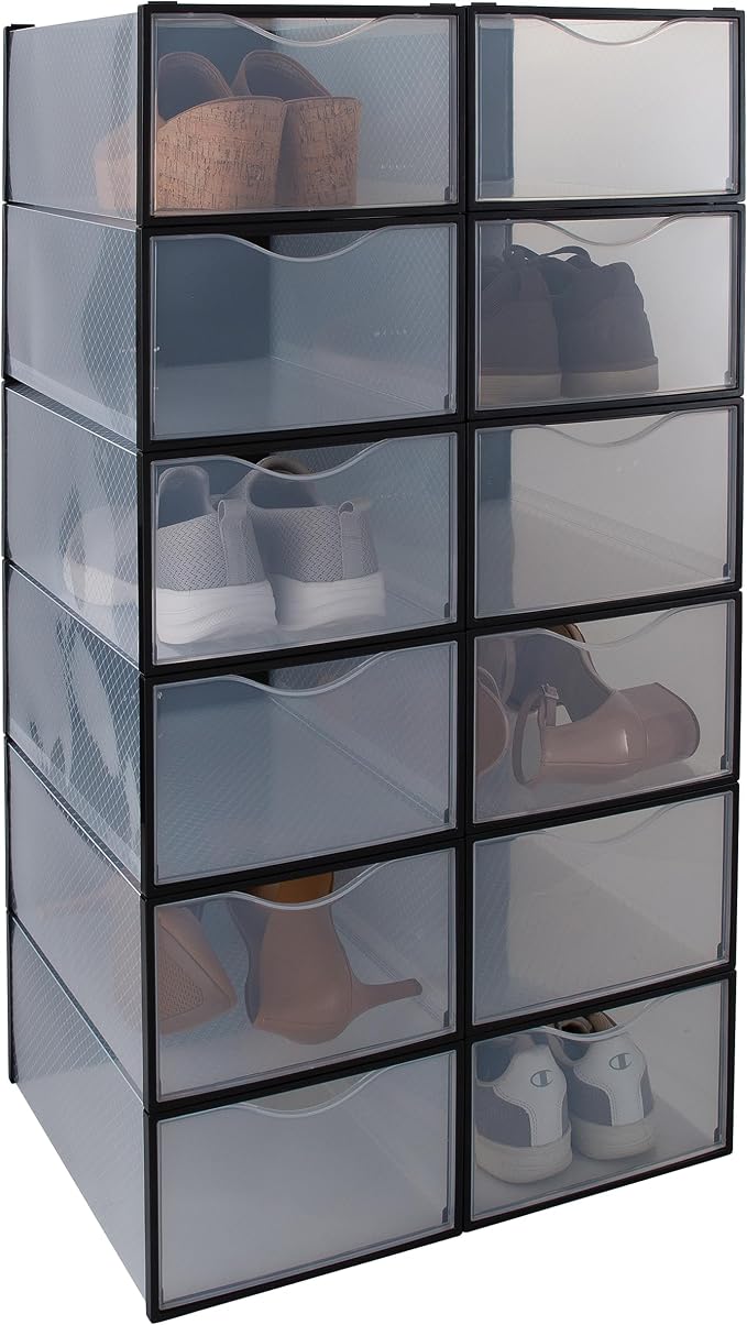 Simplify Set of 12 Stackable Shoe Boxes | Customizable | Fits Size 11 Shoes | Drop Front Design | Closet Storage | Sneakers | Heels | Clear and Black