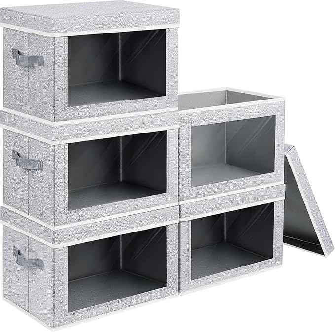 Homsorout Stackable Storage Bins with Lids - Medium Storage Box with Lids, Foldable Closet Boxes for Organizing, Wardrobe Clothes Organizer with Window, Cubes Bins for Living Room, 5 Pack, Blended