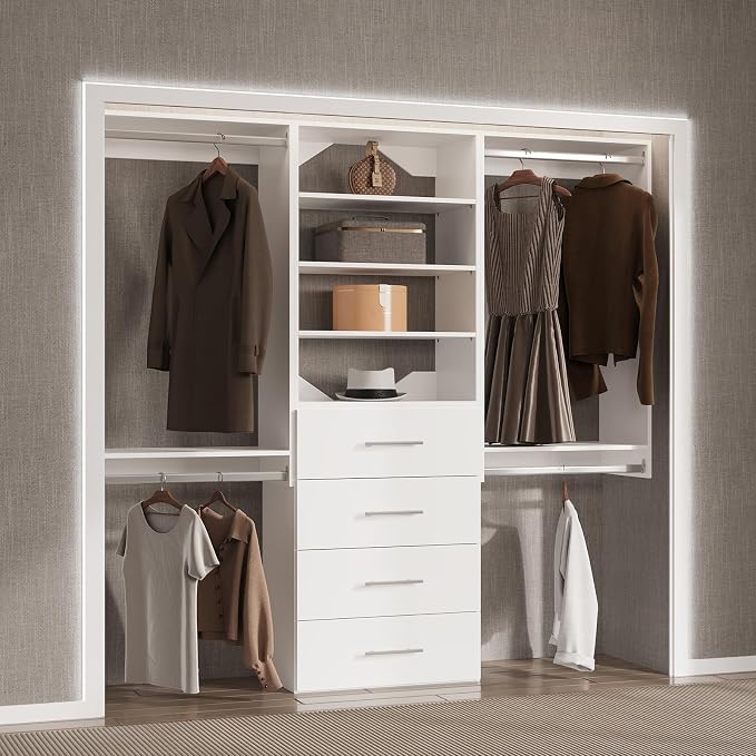 Modular Closet System, 66" Wide Closet Organizer System with Hanging and Drawers, Wood Tower Closet Storage for Walk In Closets, Wall Mounted Wardrobe Organizer Kit System, Bedroom, White