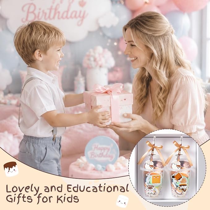 CJiangpo 196Pcs Marshmallow Party Favors Stationery Gift Classroom Prizes | Drink Cup with Lids Bulk, Pencil Sharpener Eraser Sticky Notes Pads Stickers Keychain, Camping Birthday Party Favors Rewards