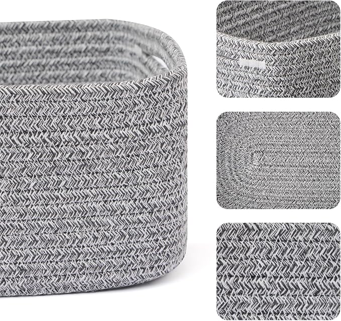 MiniArk Small Storage Baskets for Organizing | Closet Organizer Bins | Shelf Toy Basket | Woven Rope Baskets | Cube Decorative Box | Shallow Basket | 13x8.5x5.1” | 4 Packs Mixed Grey