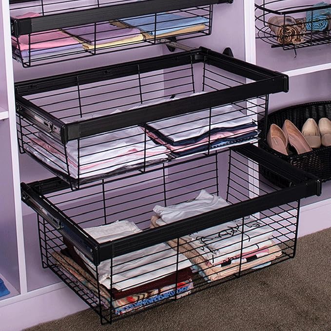 Stackable Pull Out Storage Basket Drawer for Kitchen & Wardrobe – Detachable Telescopic Organizer for Coats & Cupboard – Versatile Black Storage Solution (914x460x170mm)
