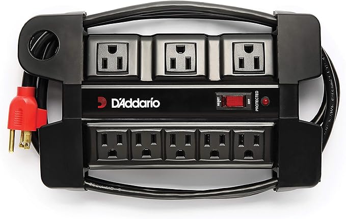 D'Addario Tour-Grade Power Base - Surge Protector Outlet - Surge Protector Power Strip - Stage Power Strip with 6 ft Cable - 5 Standard and 3 Transformer- Guitar Amp Outlet with Indicator Light