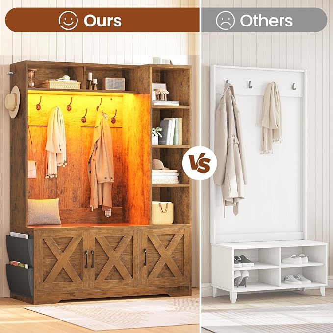 Itaar Hall Tree with Bench and Shoe Storage, Farmhouse Entryway Bench with Coat Rack, Shoe Cabinet with Adjustable Shelves, 6 Storage Cubbies, 10 Coat Hooks, Storage Bag, Led Lights, Rustic Brown