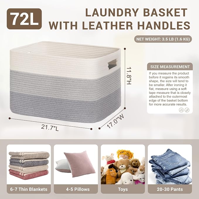 72L Large Woven Laundry Basket Hamper with Handles, Gradient Grey | 22"x17"x12", collapsible wicker hamper, storage for dirty clothes, toys, blankets, gifts, living room, bedroom, bathroom