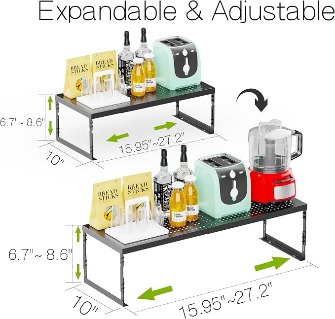 Jojocross Adjustable Stackable Metal Storage Shelf Organizer - Expandable Wire Rack with Perforations for Kitchen, Pantry, Bathroom, Cabinet & Office-Compact, Durable & Sturdy(1PACK/Large/Black)