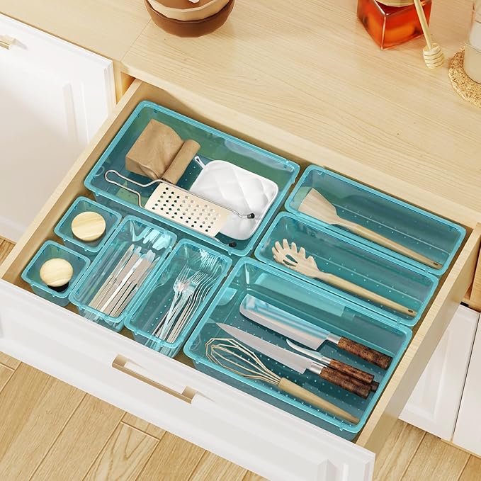 WOWBOX 24 PCS Plastic Drawer Organizer Set, 4 Sizes Desk Drawer Organization and Storage Containers for Makeup, Cosmetics, Jewelry and Gadgets in Kitchen, Bathroom, Bedroom, Office, Clear Sea Blue