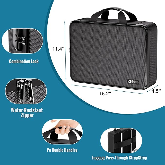 Fireproof Document Bag with Lock, Soft-Shell File Organizer, Black | Water-Resistant Zipper, Multi-Pocket Design, Portable Storage for Laptops, Passports, Certificates, Important Paperwork