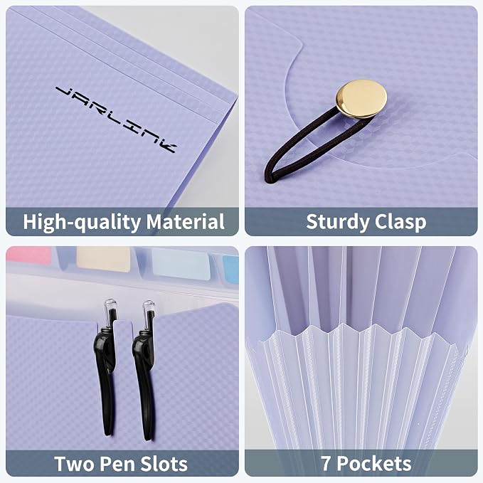 JARLINK 7 Pockets Expanding File Folder, A4 Accordion folders, Purple&Green | Accordion File Folders with 12 Labels, Portable Document Organizer for Home, College, School, and Office Supplies
