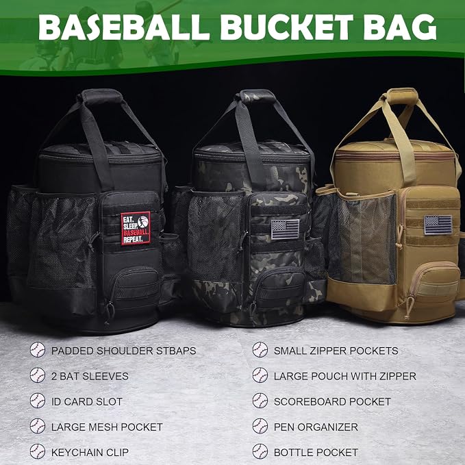 Baseball Bucket Bag, Softball Coaches Bags Fit 6 Gallon Buket | Baseball Coaching Accessories Organizer with Anti-Slip Bottom & Multiple Pockets for Bat, Gloves, Scoreboards
