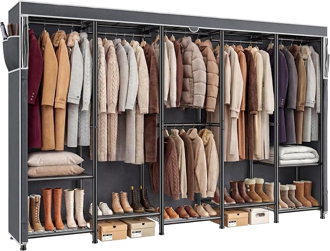 Raybee Clothes Rack, Extra Large Clothing Rack with Cover, Heavy Duty Portable Closets for Hanging Clothes, Freestanding Metal Closet Rack with 6 Rods & 12 Shelves for Bedroom, Load 1200 lbs, Black
