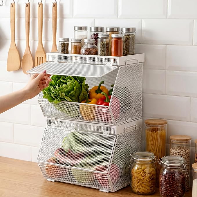Teenyyou 2 Pcs Stackable Mesh Fruit Basket with Lid Wall Produce Vegetable Storage Basket Onion Potato Hanging Metal Wire Container for Kitchen Counter Pantry (Removable,White,7.1" w & 11.8" l)