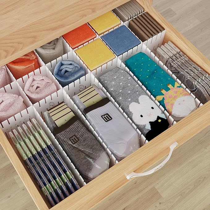 Adjustable Drawer Dividers Organizer for Kitchen, Bedroom, Dresser, Socks, Underwear, Makeup Storage, White (8)