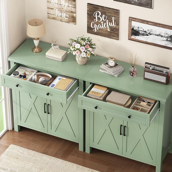 Farmhouse Shoe Storage Cabinet, 5-Tier High Boots Organizer with Adjustable Shelves, Large Drawer & Barn Doors, Entryway Shoe Rack for Hallway Living Room, Green