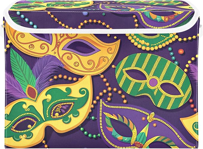 Mardi Gras Mask Storage Bins with Lids and Carrying Handle,Foldable Storage Boxes Organizer Containers Baskets Cube with Cover for Home Bedroom Closet Office