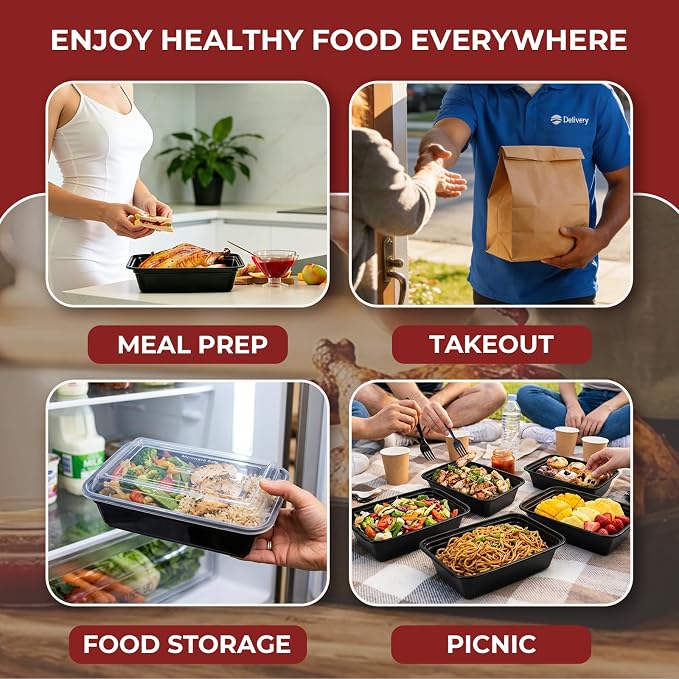 100 Pack (200-Piece) 38 oz Meal Prep Containers Reusable Food Storage Containers with Lids, Sturdy Leakproof To Go Plastic Takeout Containers for Microwave, Freezer, Dishwasher Safe