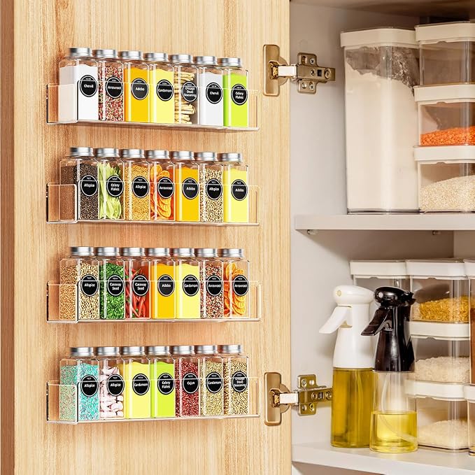 Wall Mounted Acrylic Spice Rack 2 Pack, 9 Inch Clear Pantry Door Organizer, Floating Spice Organizer, Adhesive or Screw Mounted Cabinet Seasoning Shelf