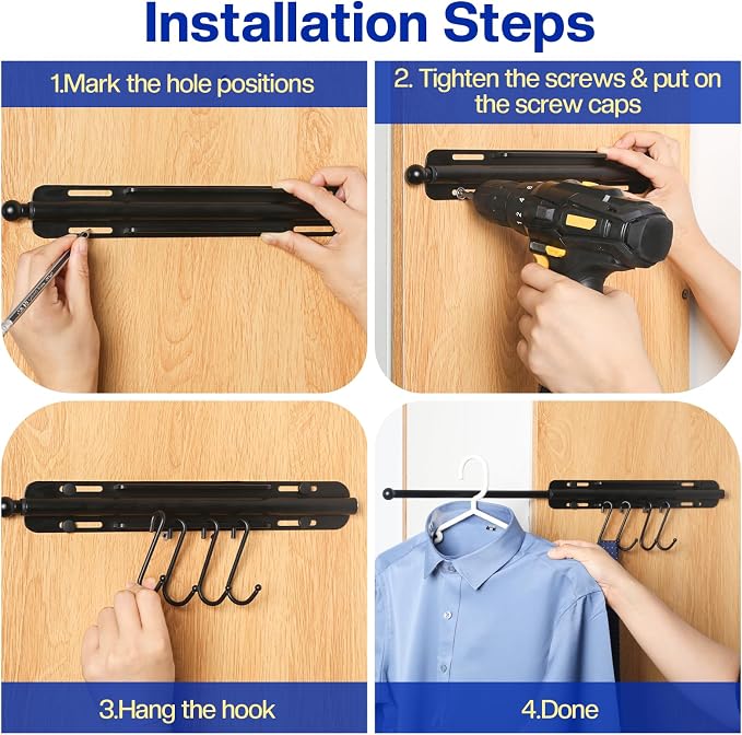 SUTINE 12 inch Valet Rod for Closet Pull Out, Heavy Duty Closet Valet Rods Slide Out, Adjustable Pull Out Closet Rods for Hanging Clothes with 4 Hooks Closet Organizers and Storage (Black)