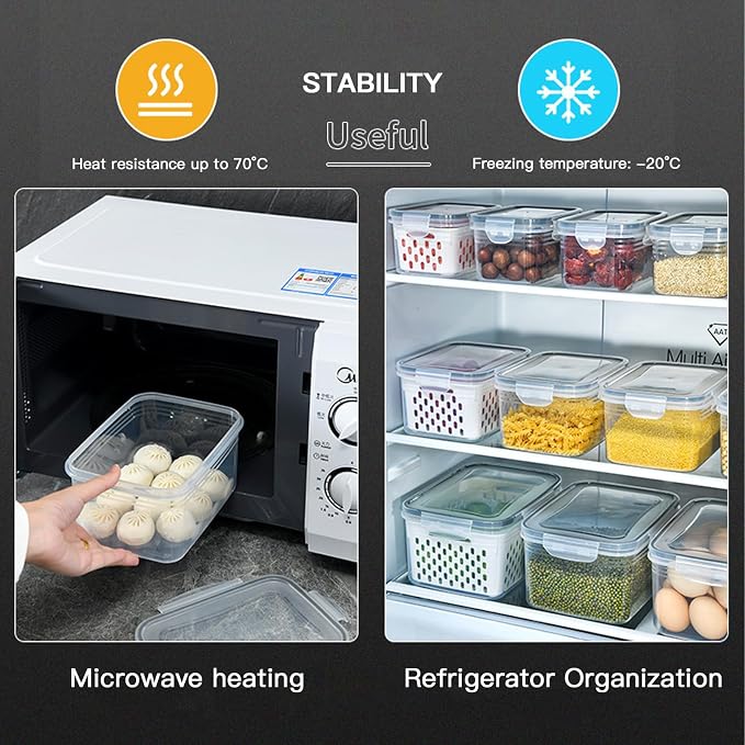 3PCS Fruit Storage Containers for Fridge – Airtight Produce Saver with Removable Drain Basket, BPA-Free Berry Keeper, Stackable Food Storage Containers for Vegetables, Lettuce & Meal Prep (Blue)