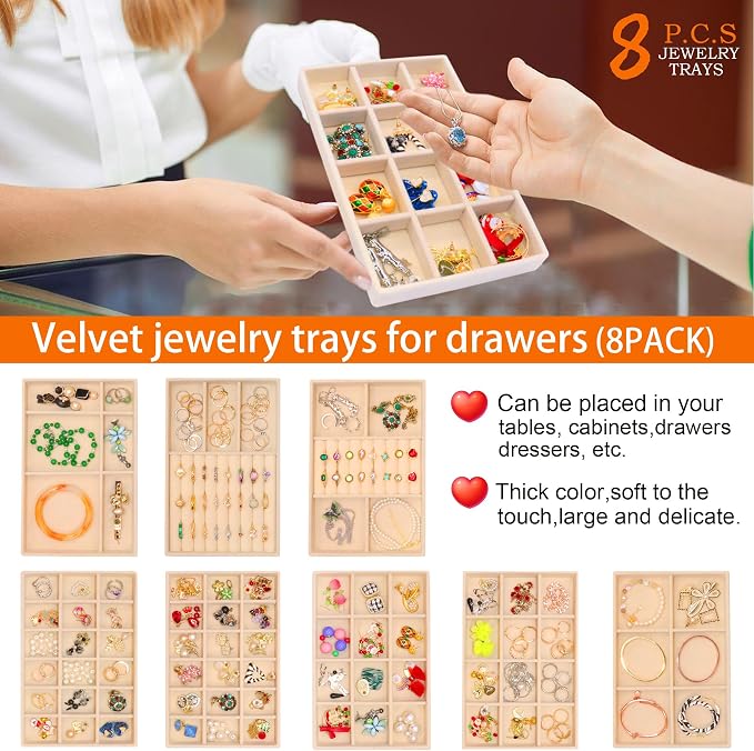 Set of 8 Velvet Jewelry Trays X-Large Stackable Jewelryy Organizer Drawer Insert Divided Jewellry Storage Holder, Earring Ring Brooch Necklace Bracelet Watch Display Tray