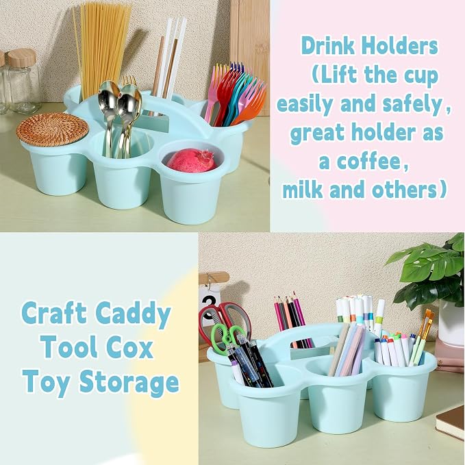6 Pack Classroom Caddy with Handle Plastic Storage Caddy Organizer with 6 Compartments Drink Cup Caddies Holder Portable Storage Bin for Pencil, Crayon, Marker, Home Office School Supplies(Light Blue)
