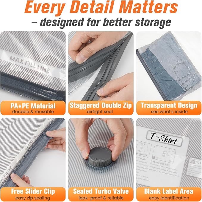 12 Pack Vacuum Storage Bags for Travel with Cordless Pump, Space Saver Bags for Clothes, Compression Packing Bags for Luggage, 12 Combo Size