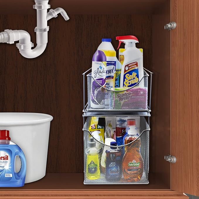 Sorbus® Cabinet Organizer Drawer with Cover—Mesh Storage Organizer w/Pull Out Drawers—Stackable, Ideal for Countertop, Cabinet, Pantry, Under the Sink, Desktop and More (Silver Bottom Drawer)