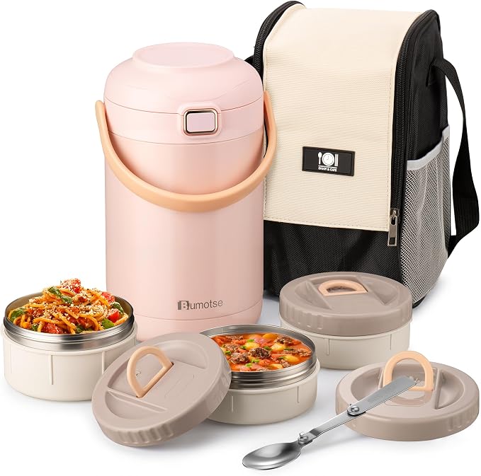 67oz Insulated Food Container with 3 Separate Bowls for Adults | Insulated Lunch Bag, One-Touch Lid, Leakproof Containers, Vacuum Insulated Stainless Steel, Keeps Food Hot For Work Travel